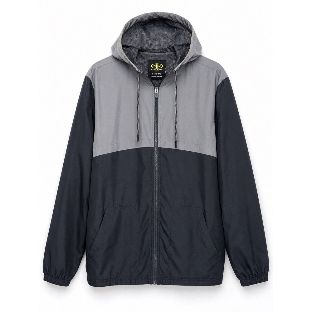 Athletic Works Gray Black Hooded Windbreaker Jacket Men’s Large Lightweight